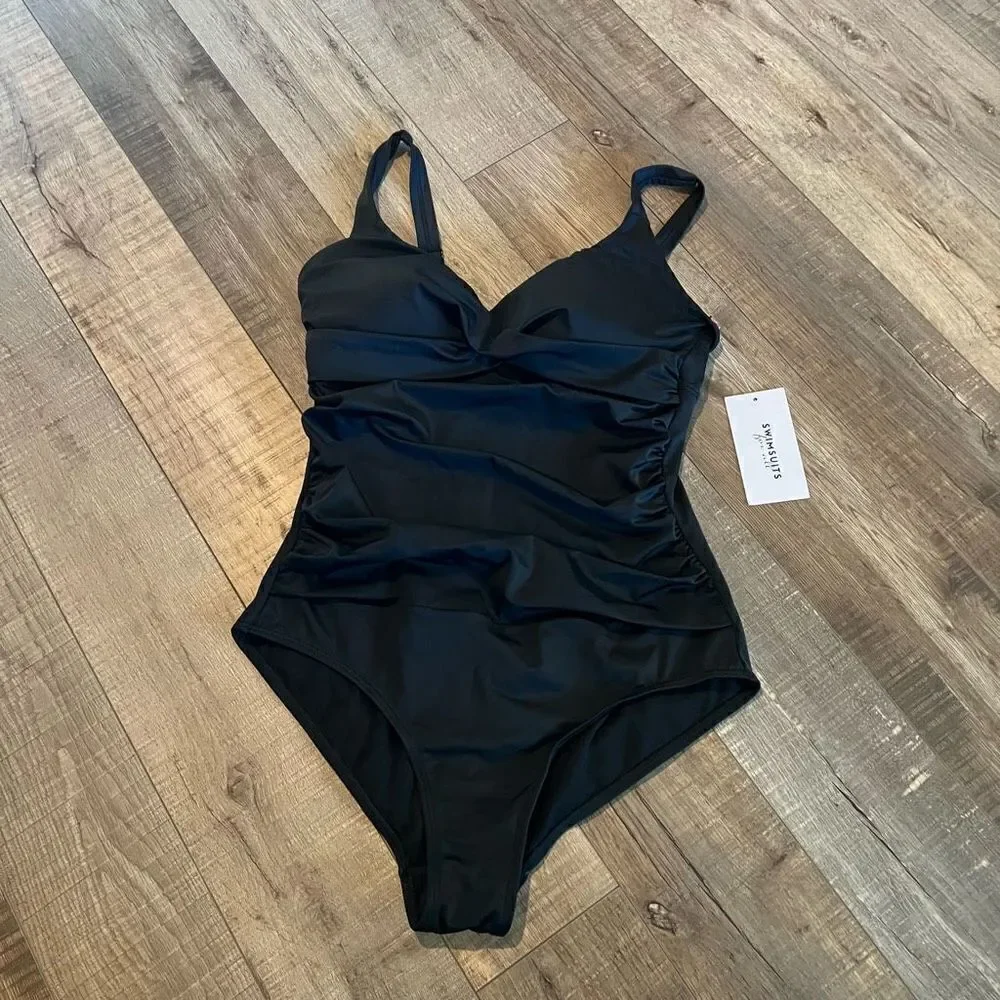 Swimsuits For All Black Ruched Twist Front One Piece Swimsuit Size 12